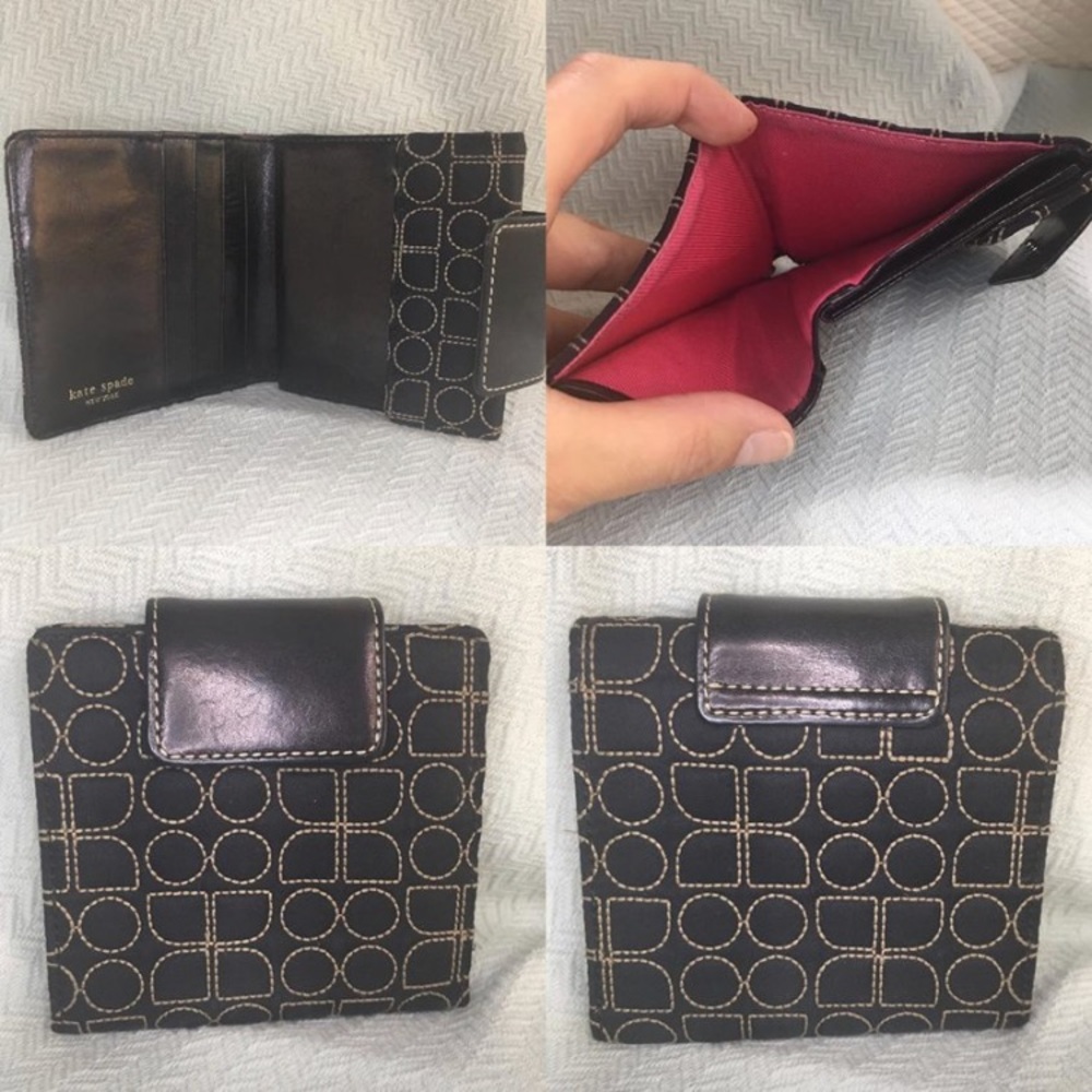 🕶️vintage Kate Spade⚡️monogram stitch 2000's wallet Black/beige pink lining - Picture 2 of 4